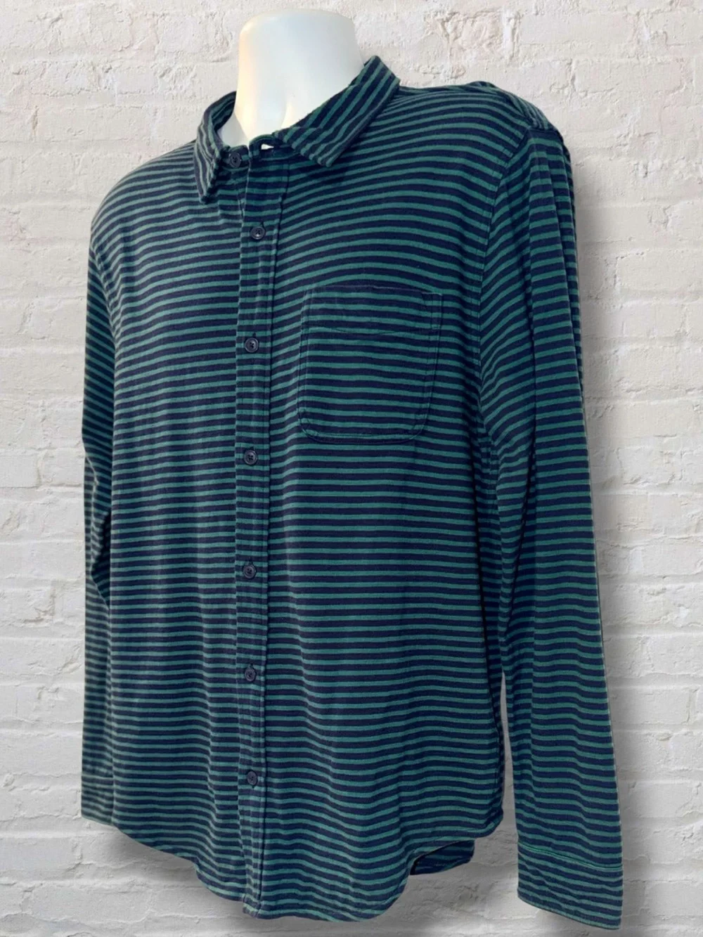 J.Crew Slub Cotton Stripe Button Front Shirt Men’s Large Blue Green Long Sleeve